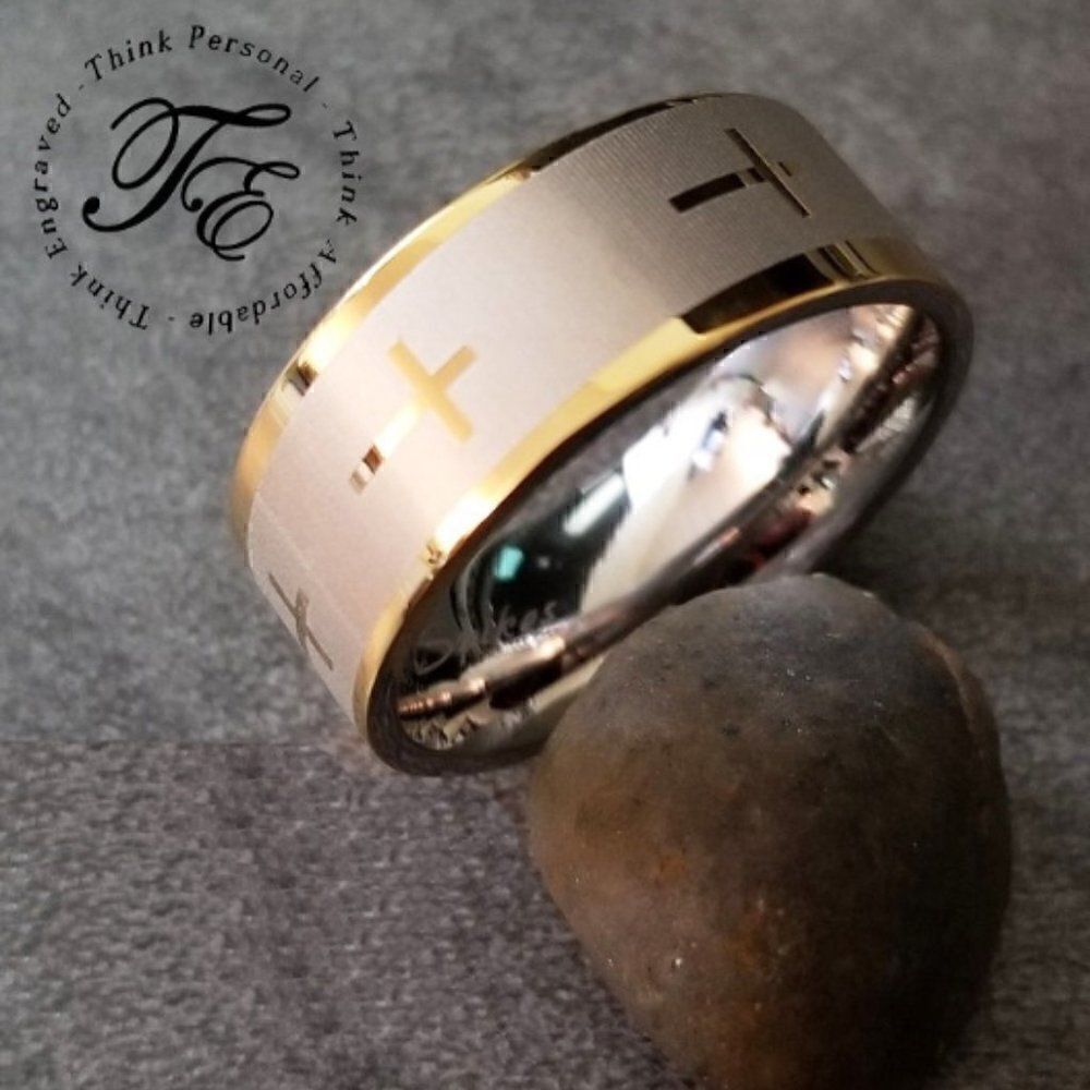 Mens Christian Cross Ring Silver and Gold